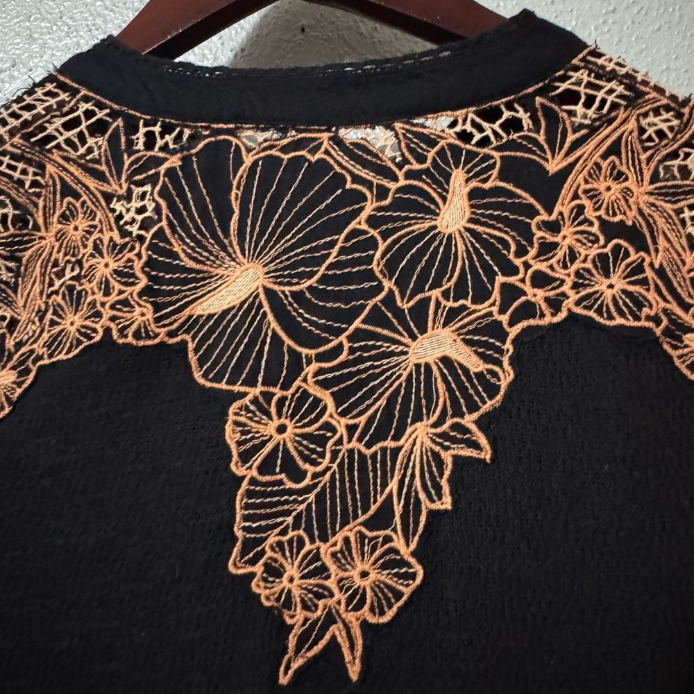 Free People Black Embroidered Lace Yoke Blouse Size M Boho Sheer Top - Picture 8 of 8